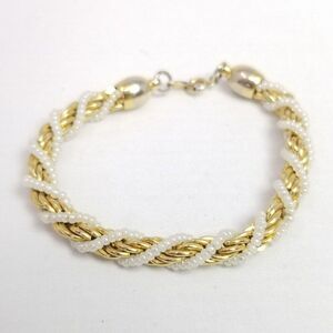 Vintage Trifari White Beaded Gold Tone Chain Bracelet, Spiral Design, Estate